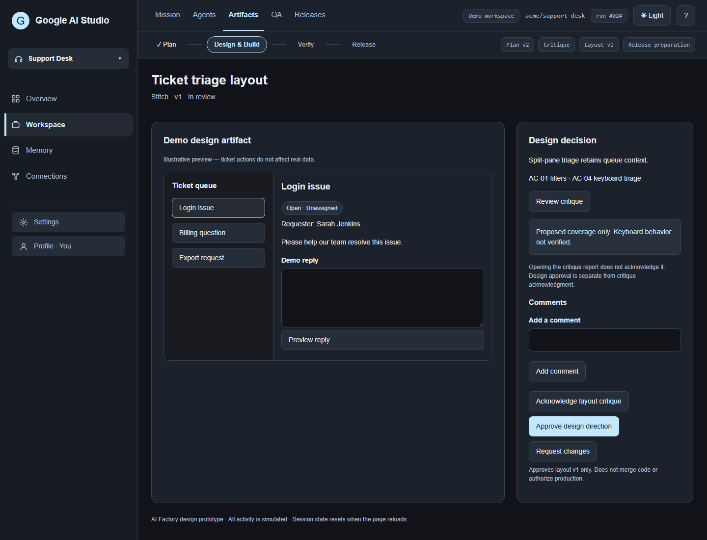 Design review in the Google AI Studio workspace, shown in dark mode