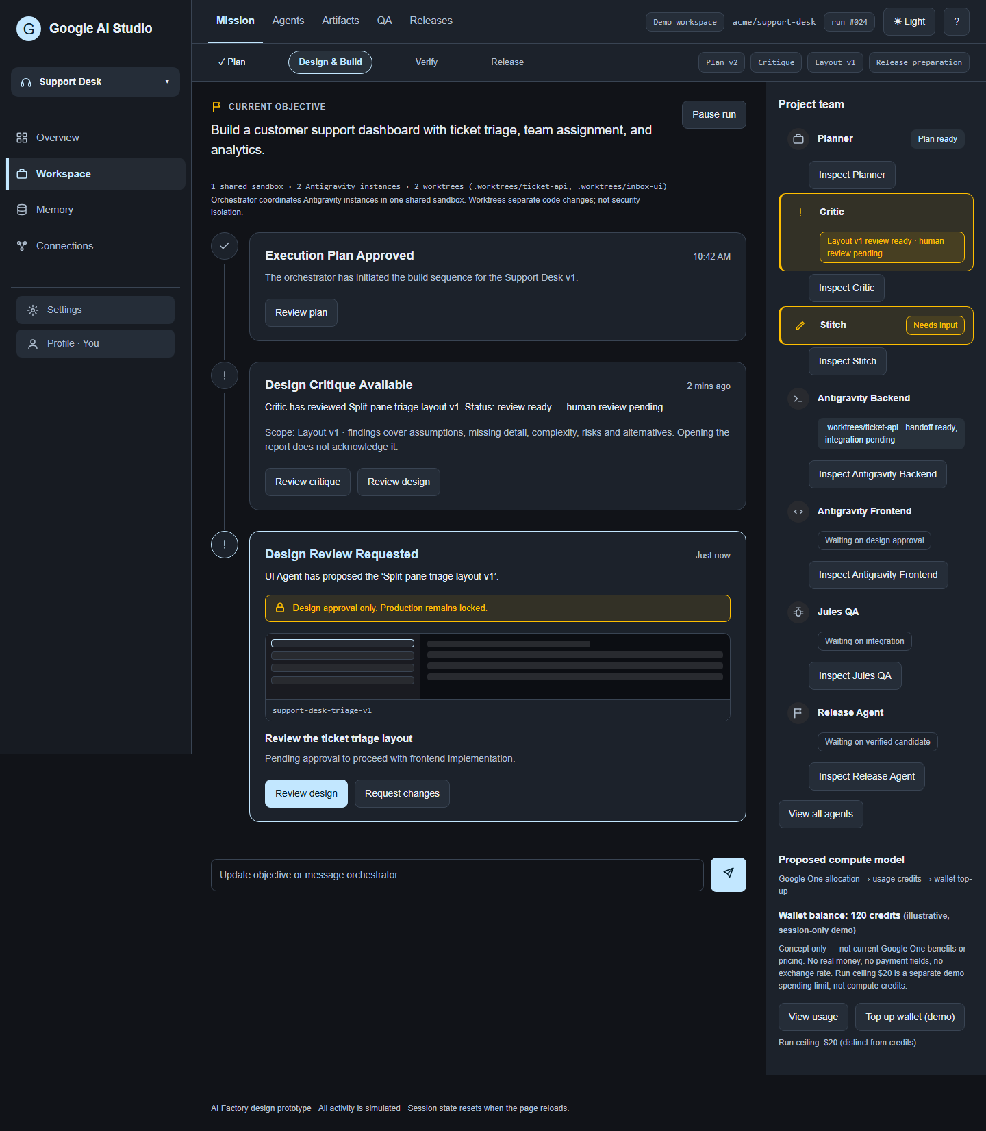 My concept for a Google AI Studio workspace, shown in dark mode